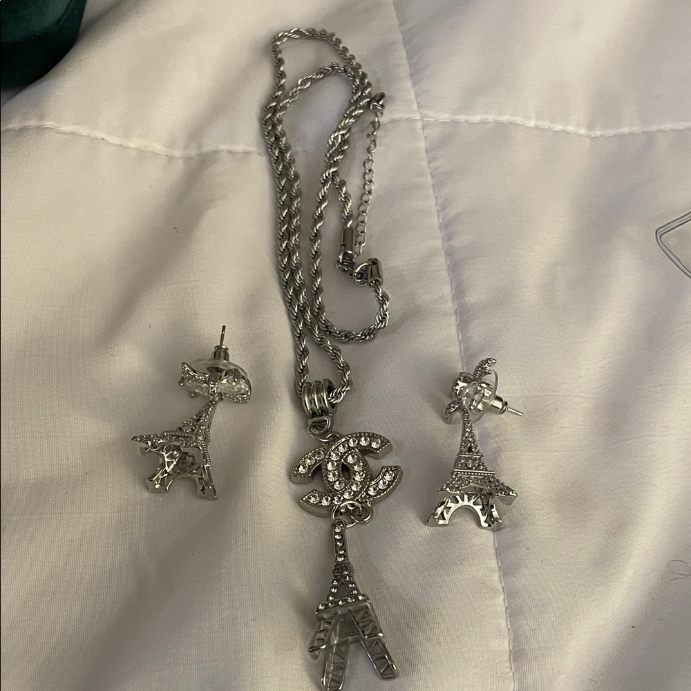 CHANEL Silver Eiffel Tower Jewelry Set